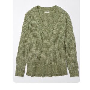 AE Whoa So Cozy Waffle V-Neck Hunter Green Sweater Oversized Women’s Medium